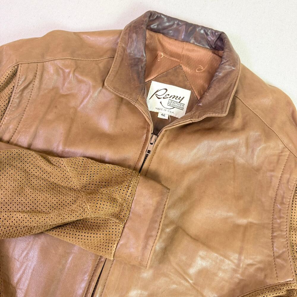 Vintage 90s Remy Leather Perforated Bomber Jacket Men's 46 Cognac Brown Zip USA